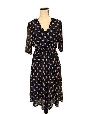 Enfocus Studio Size 8 Navy Polka Dot Dress Sheer Overlay Fit Flare Midi